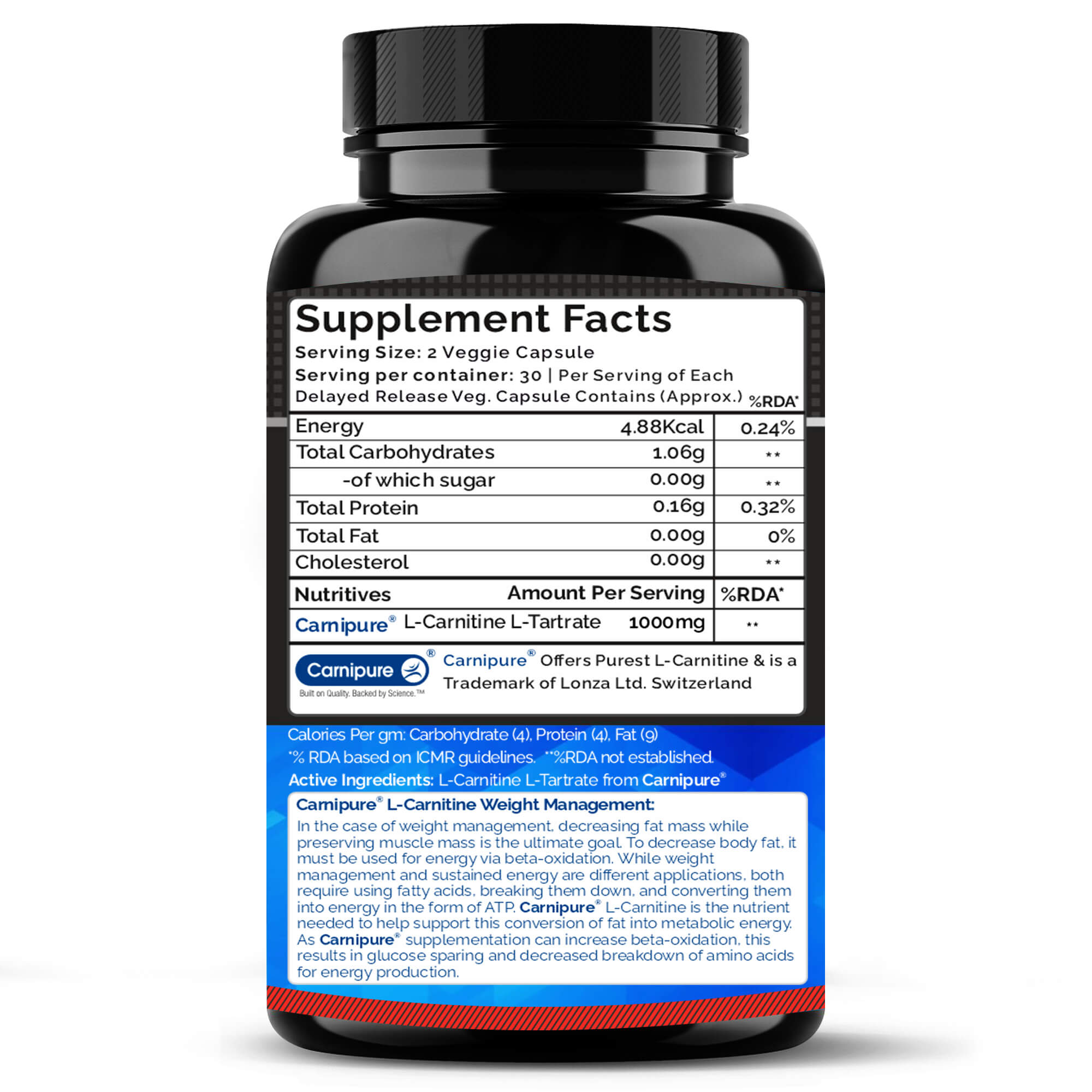 L-Carnitine L-Tartrate Supplement for Fat Loss 60 Capsules