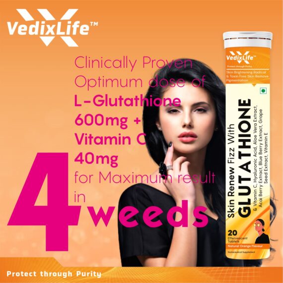 Glutathione, Vitamin C & Natural Extract 20 Effervescent Tablets for Brighter Skin, Skin Glow & Radiance | Sugar-Free | Orange Flavour